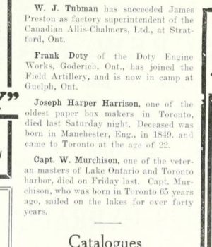 Obituary for Joseph Harper Harrison; Canadian Machinery and Manufacturing News, 2 December 1915