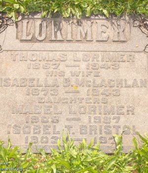 Gravestone for Thomas Lorimer, Isabella Mclachlan Lorimer, Mabel Lorimer and Isobel Lorimer Bristol