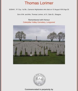 Commemorative certificate for Dugald Lorimer's brother Thomas.